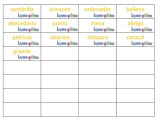 sombrilla almacén ordenador ballena
abecedario primo mesa abrigo
película abanico lámpara caracol
grande
 