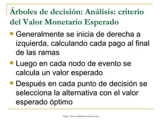 Árboles de decisión: Análisis: criterio
del Valor Monetario Esperado
   Generalmente se inicia de derecha a
    izquierda, calculando cada pago al final
    de las ramas
   Luego en cada nodo de evento se
    calcula un valor esperado
   Después en cada punto de decisión se
    selecciona la alternativa con el valor
    esperado óptimo
                  http://www.auladeeconomia.com
 