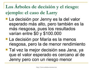 Los Árboles de decisión y el riesgo:
ejemplo: el caso de Larry
   La decisión por Jenny es la del valor
    esperado más alto, pero también es la
    más riesgosa, pues los resultados
    varían entre $0 y $100.000
   La decisión por María es la menos
    riesgosa, pero la de menor rendimiento
   Tal vez la mejor decisión sea Jana, ya
    que el valor esperado es cercano al de
    Jenny pero con un riesgo menor
                 http://www.auladeeconomia.com
 