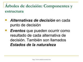Árboles de decisión: Componentes y
estructura
   Alternativas de decisión en cada
    punto de decisión
   Eventos que pueden ocurrir como
    resultado de cada alternativa de
    decisión. También son llamados
    Estados de la naturaleza


               http://www.auladeeconomia.com
 
