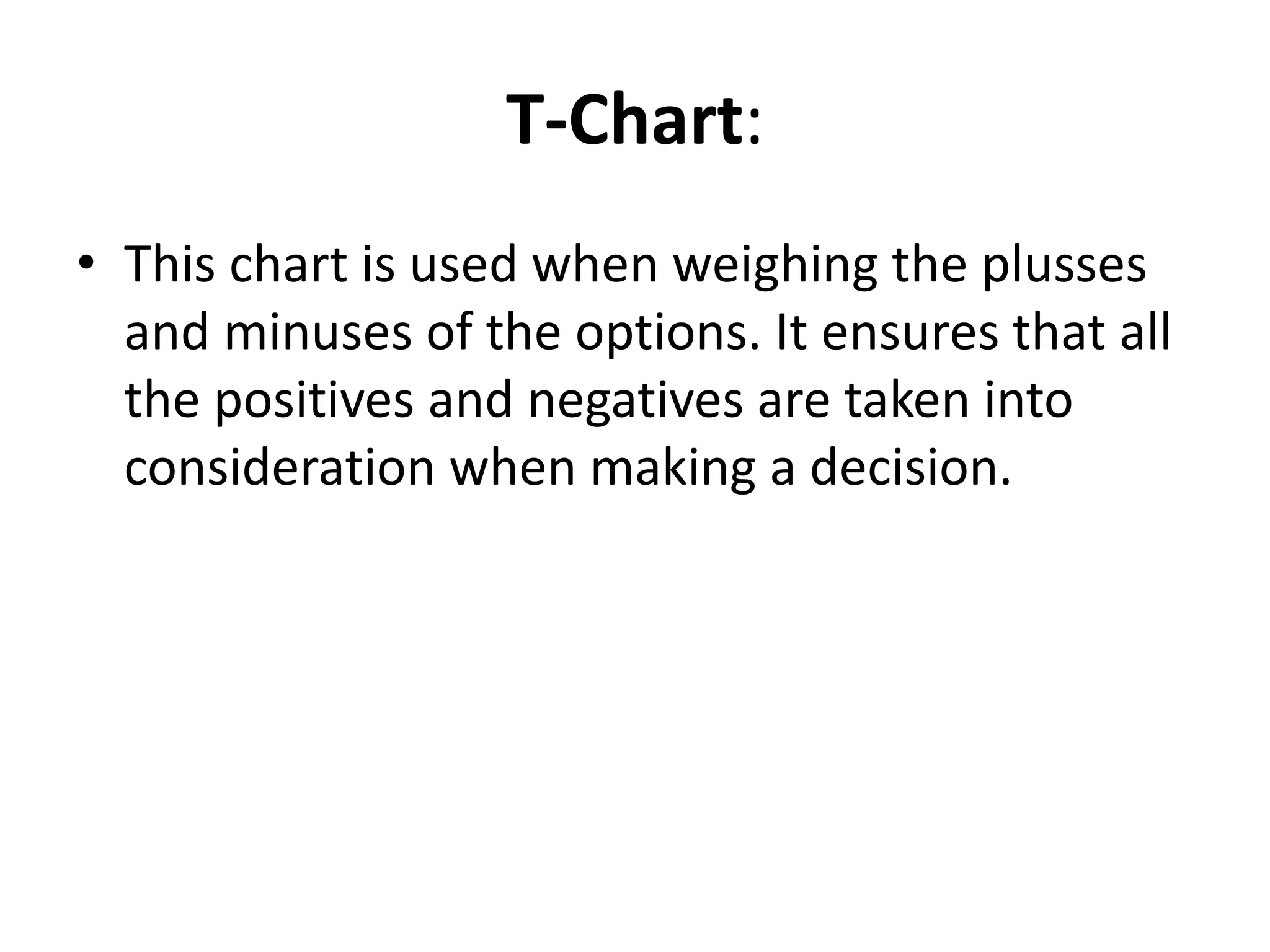 T-Chart: 
• This chart is used when weighing the plusses 
and minuses of the options. It ensures that all 
the positives and negatives are taken into 
consideration when making a decision. 
 