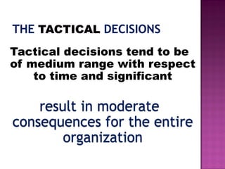Tactical decisions tend to be
of medium range with respect
to time and significant
result in moderate
consequences for the entire
organization
 