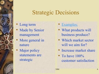 Strategic Decisions Long term Made by Senior management More general in nature Major policy statements are strategic Examples: What products will business produce? Which market sector will we aim for? Increase market share To have 100% customer satisfaction 