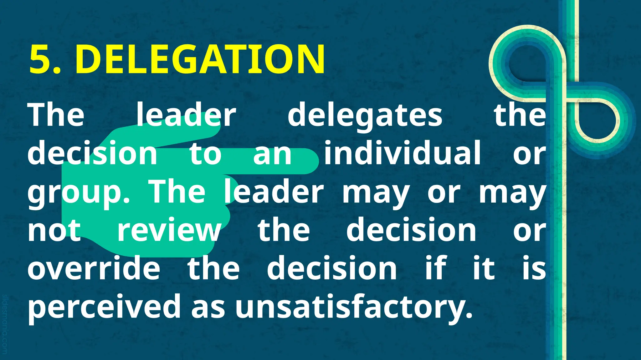 slidesmania.com
5. DELEGATION
The leader delegates the
decision to an individual or
group. The leader may or may
not review the decision or
override the decision if it is
perceived as unsatisfactory.
 
