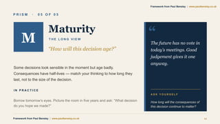 P R I S M · 0 5 O F 0 5
M
Maturity
T H E L O N G V I E W
“How will this decision age?”
Some decisions look sensible in the moment but age badly.
Consequences have half-lives — match your thinking to how long they
last, not to the size of the decision.
I N P R A C T I C E
Borrow tomorrow’s eyes. Picture the room in five years and ask: “What decision
do you hope we made?”
“
The future has no vote in
today’s meetings. Good
judgement gives it one
anyway.
A S K Y O U R S E L F
How long will the consequences of
this decision continue to matter?
Framework from Paul Bensley | www.paulbensley.co.uk 11
Framework from Paul Bensley | www.paulbensley.co.uk
 