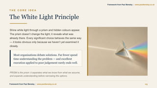 T H E C O R E I D E A
The White Light Principle
Shine white light through a prism and hidden colours appear.
The prism doesn’t change the light; it reveals what was
already there. Every significant choice behaves the same way
— it looks obvious only because we haven’t yet examined it
closely.
Most organisations debate solutions. Far fewer spend
time understanding the problem — and excellent
execution applied to poor judgement rarely ends well.
PRISM is the prism: it separates what we know from what we assume,
and expands understanding before narrowing the options.
Framework from Paul Bensley | www.paulbensley.co.uk 05
Framework from Paul Bensley | www.paulbensley.co.uk
 