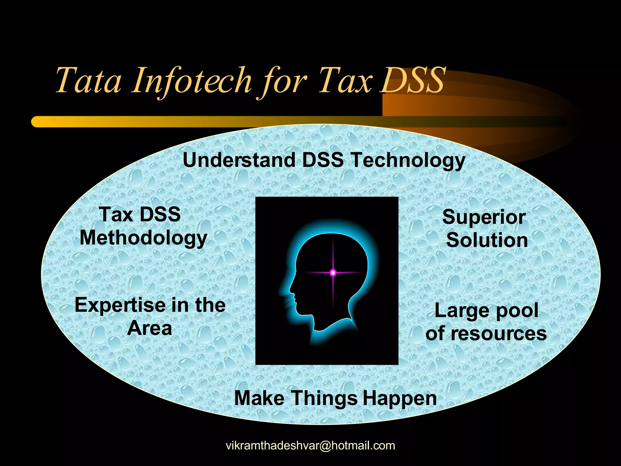 Tata Infotech for Tax DSS [email_address] Large pool of resources Expertise in the Area Superior  Solution Tax DSS  Methodology Understand DSS Technology Make Things Happen 