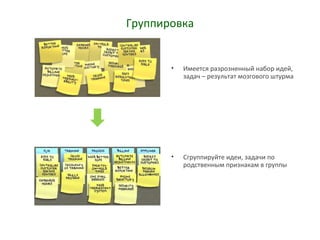 Группировка
• Имеется разрозненный набор идей,
задач – результат мозгового штурма
• Сгруппируйте идеи, задачи по
родственным признакам в группы
 