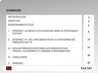 SOMMAIRE

 MÉTHODOLOGIE                                                 3
 OBJECTIFS                                                    4
 ENSEIGNEMENTS CLES                                           5

 I.    INTERNET, LE MÉDIA LE PLUS DECISIF DANS LE PROCESSUS   6
       D’ACHAT

 II.   INTERNET, N°1 DE L’INFLUENCE POUR 14 CATEGORIES DE     14
       PRODUITS SUR 19

 III. DES DIFFÉRENCES SECTORIELLES SIGNIFICATIVES             21
      (TRAVEL, AUTOMOBILE ET GRANDE CONSOMMATION)
                                                              39
 IV. CONCLUSION

 V.    ANNEXES                                                40

                                                                   2
 