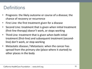 11
Definitions
• Prognosis: the likely outcome or course of a disease; the
chance of recovery or recurrence
• First Line: the first treatment given for a disease
• Second Line: treatment that is given when initial treatment
(first-line therapy) doesn’t work, or stops working
• Third Line: treatment that is given when both initial
treatment (first-line) and subsequent treatment (second-
line) don’t work, or stop working
• Metastatic disease / Metastasis: when the cancer has
spread from the primary site (place where it started) to
other places in the body
 