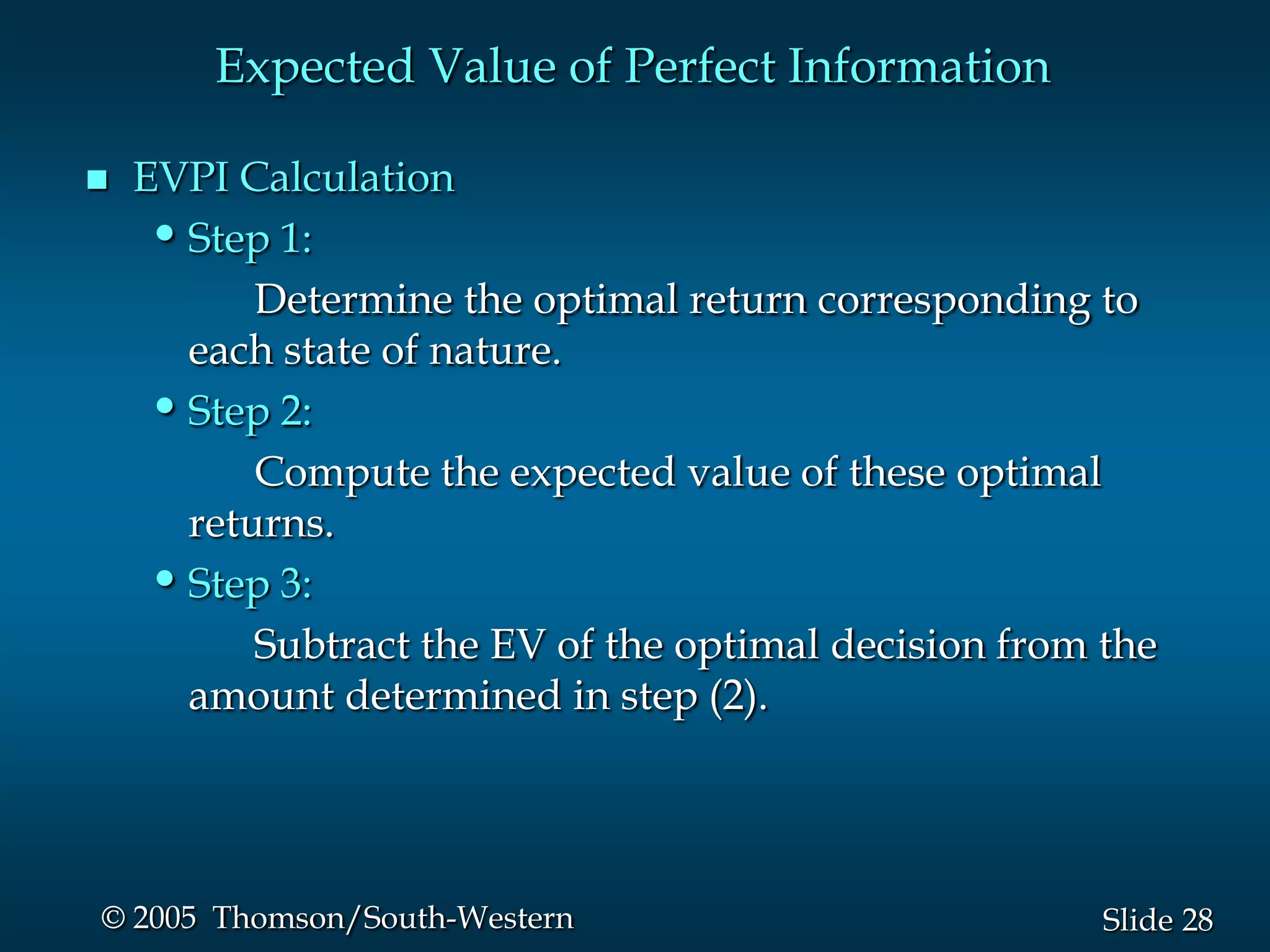 28Slide© 2005 Thomson/South-Western
Expected Value of Perfect Information
 EVPI Calculation
•Step 1:
Determine the optimal return corresponding to
each state of nature.
•Step 2:
Compute the expected value of these optimal
returns.
•Step 3:
Subtract the EV of the optimal decision from the
amount determined in step (2).
 