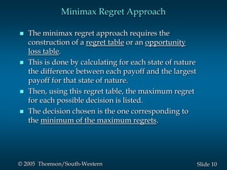 10Slide© 2005 Thomson/South-Western
Minimax Regret Approach
 The minimax regret approach requires the
construction of a regret table or an opportunity
loss table.
 This is done by calculating for each state of nature
the difference between each payoff and the largest
payoff for that state of nature.
 Then, using this regret table, the maximum regret
for each possible decision is listed.
 The decision chosen is the one corresponding to
the minimum of the maximum regrets.
 