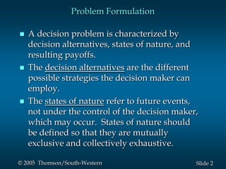 2Slide© 2005 Thomson/South-Western
Problem Formulation
 A decision problem is characterized by
decision alternatives, states of nature, and
resulting payoffs.
 The decision alternatives are the different
possible strategies the decision maker can
employ.
 The states of nature refer to future events,
not under the control of the decision maker,
which may occur. States of nature should
be defined so that they are mutually
exclusive and collectively exhaustive.
 