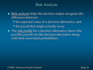 31Slide© 2005 Thomson/South-Western
Risk Analysis
 Risk analysis helps the decision maker recognize the
difference between:
•the expected value of a decision alternative, and
•the payoff that might actually occur
 The risk profile for a decision alternative shows the
possible payoffs for the decision alternative along
with their associated probabilities.
 