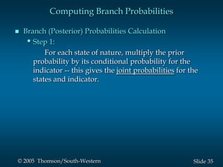 35Slide© 2005 Thomson/South-Western
Computing Branch Probabilities
 Branch (Posterior) Probabilities Calculation
•Step 1:
For each state of nature, multiply the prior
probability by its conditional probability for the
indicator -- this gives the joint probabilities for the
states and indicator.
 