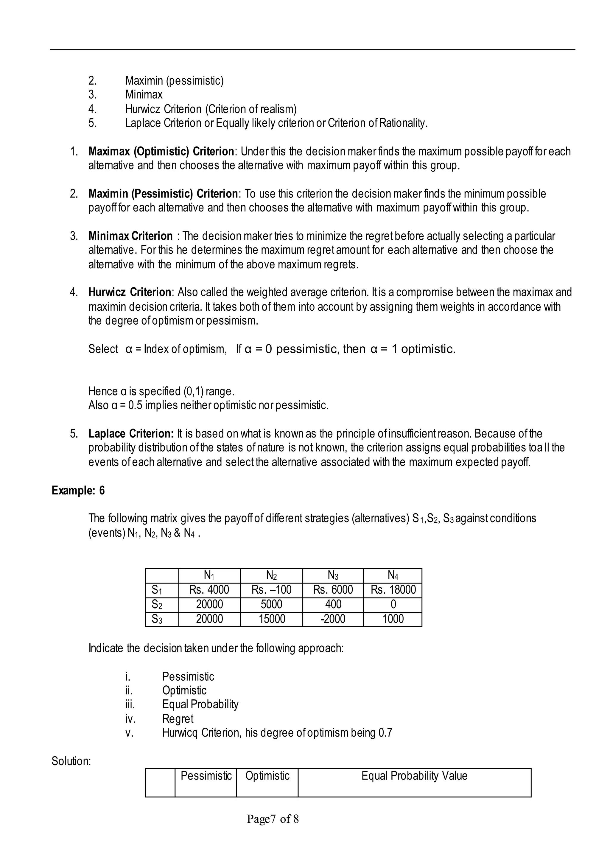 Page7 of 8
2. Maximin (pessimistic)
3. Minimax
4. Hurwicz Criterion (Criterion of realism)
5. Laplace Criterion or Equally likely criterion or Criterion ofRationality.
1. Maximax (Optimistic) Criterion: Under this the decision maker finds the maximum possible payofffor each
alternative and then chooses the alternative with maximum payoff within this group.
2. Maximin (Pessimistic) Criterion: To use this criterion the decision maker finds the minimum possible
payofffor each alternative and then chooses the alternative with maximum payoffwithin this group.
3. Minimax Criterion : The decision maker tries to minimize the regretbefore actually selecting a particular
alternative. For this he determines the maximum regretamount for each alternative and then choose the
alternative with the minimum of the above maximum regrets.
4. Hurwicz Criterion: Also called the weighted average criterion. Itis a compromise between the maximax and
maximin decision criteria. It takes both of them into account by assigning them weights in accordance with
the degree ofoptimism or pessimism.
Select α = Index of optimism, If α = 0 pessimistic, then α = 1 optimistic.
Hence α is specified (0,1) range.
Also α = 0.5 implies neither optimistic nor pessimistic.
5. Laplace Criterion: It is based on what is known as the principle ofinsufficientreason. Because ofthe
probability distribution ofthe states ofnature is not known, the criterion assigns equal probabilities toa ll the
events ofeach alternative and selectthe alternative associated with the maximum expected payoff.
Example: 6
The following matrix gives the payoffof different strategies (alternatives) S1,S2, S3 againstconditions
(events) N1, N2, N3 & N4 .
N1 N2 N3 N4
S1 Rs. 4000 Rs. –100 Rs. 6000 Rs. 18000
S2 20000 5000 400 0
S3 20000 15000 -2000 1000
Indicate the decision taken under the following approach:
i. Pessimistic
ii. Optimistic
iii. Equal Probability
iv. Regret
v. Hurwicq Criterion, his degree ofoptimism being 0.7
Solution:
Pessimistic Optimistic Equal Probability Value
 