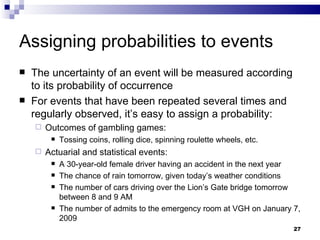 Assigning probabilities to events The uncertainty of an event will be measured according to its probability of occurrence For events that have been repeated several times and regularly observed, it’s easy to assign a probability: Outcomes of gambling games:  Tossing coins, rolling dice, spinning roulette wheels, etc. Actuarial and statistical events:  A 30-year-old female driver having an accident in the next year  The chance of rain tomorrow, given today’s weather conditions The number of cars driving over the Lion’s Gate bridge tomorrow between 8 and 9 AM The number of admits to the emergency room at VGH on January 7, 2009 