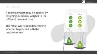 citoolkit.com
citoolkit.com
citoolkit.com
Definition
A scoring system may be applied by
assigning numerical weights to the
different pros and cons.
The result will help in determining
whether to proceed with the
decision or not.
Decision Balance Sheet 7
Cons
Pros
 