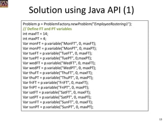 Solution using Java API (1) 
13 
Problem p = ProblemFactory.newProblem("EmployeeRostering1"); 
// Define FT and PT variables 
int maxFT = 14; 
int maxPT = 4; 
Var monFT = p.variable("MonFT", 0, maxFT); 
Var monPT = p.variable("MonPT", 0, maxPT); 
Var tueFT = p.variable("TueFT", 0, maxFT); 
Var tuePT = p.variable("TuePT", 0,maxPT); 
Var wedFT = p.variable("WedFT", 0, maxFT); 
Var wedPT = p.variable("WedPT", 0, maxPT); 
Var thuFT = p.variable("ThuFT", 0, maxFT); 
Var thuPT = p.variable("ThuPT", 0, maxPT); 
Var friFT = p.variable("FriFT", 0, maxFT); 
Var friPT = p.variable("FriPT", 0, maxPT); 
Var satFT = p.variable("SatFT", 0, maxFT); 
Var satPT = p.variable("SatPT", 0, maxPT); 
Var sunFT = p.variable("SunFT", 0, maxFT); 
Var sunPT = p.variable("SunPT", 0, maxPT);  