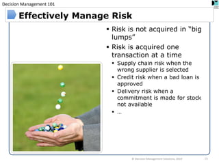 Decision Management 101 
© Decision Management Solutions, 2014 
Effectively Manage Risk 
Risk is not acquired in “big lumps” 
Risk is acquired one transaction at a time 
Supply chain risk when the wrong supplier is selected 
Credit risk when a bad loan is approved 
Delivery risk when a commitment is made for stock not available 
… 
13  