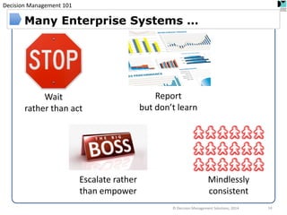 Decision Management 101 
© Decision Management Solutions, 2014 
14 
Many Enterprise Systems … 
Report but don’t learn 
Wait rather than act 
Escalate rather than empower 
Mindlessly consistent  