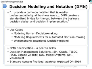 Decision Management 101 
“… provide a common notation that is readily understandable by all business users... DMN creates a standardized bridge for the gap between the business decision design and decision implementation.” 
OMG Specification – a peer to BPMN 
Decision Management Solutions, IBM, Oracle, TIBCO, FICO, Escape Velocity, KUL, Model Systems, KPI, Visumpoint 
Standard content finalized, approval expected Q4-2014 
Use Cases 
Modeling Human Decision-making 
Modeling Requirements for automated Decision-making 
Implementing automated Decision-making 
Decision Modeling and Notation (DMN) 
21 
© Decision Management Solutions, 2014  