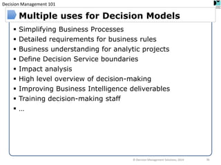 Decision Management 101 
Simplifying Business Processes 
Detailed requirements for business rules 
Business understanding for analytic projects 
Define Decision Service boundaries 
Impact analysis 
High level overview of decision-making 
Improving Business Intelligence deliverables 
Training decision-making staff 
… 
Multiple uses for Decision Models 
© Decision Management Solutions, 2014 
36  