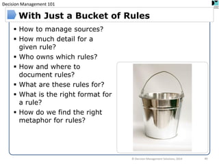 Decision Management 101 
© Decision Management Solutions, 2014 
40 
With Just a Bucket of Rules 
How to manage sources? 
How much detail for a given rule? 
Who owns which rules? 
How and where to document rules? 
What are these rules for? 
What is the right format for a rule? 
How do we find the right metaphor for rules?  