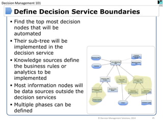 Decision Management 101 
© Decision Management Solutions, 2014 
45 
Define Decision Service Boundaries 
Find the top most decision nodes that will be automated 
Their sub-tree will be implemented in the decision service 
Knowledge sources define the business rules or analytics to be implemented 
Most information nodes will be data sources outside the decision services 
Multiple phases can be defined  