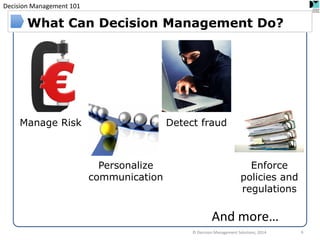Decision Management 101 
Manage Risk 
Personalize communication 
Detect fraud 
Enforce policies and regulations 
What Can Decision Management Do? 
And more… 
6 
© Decision Management Solutions, 2014  