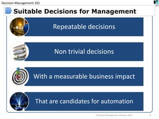 Decision Management 101 
© Decision Management Solutions, 2014 
8 
Repeatable decisions 
Non trivial decisions 
With a measurable business impact 
That are candidates for automation 
Suitable Decisions for Management  