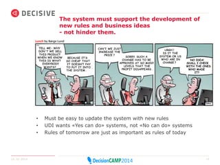 The system must support the development of 
new rules and business ideas 
- not hinder them. 
Lunch by Børge Lund 
TELL ME – WHY 
DON’ T WE SELL 
THIS PRODUCT 
WHEN WE KNOW 
THIS IS WHAT 
EVERYBODY 
WANTS? 
BECAUSE IT’S 
SO CHEAP THAT 
IT DOESN’T PAY 
TO PUT IT INTO 
THE SYSTEM . 
CAN’ ‘ T WE JUST 
INCREASE THE 
PRICE ? 
SORRY. SUCH A 
CHANGE HAS TO BE 
APPROVED AT SO MANY 
LEVELS THAT THE 
PROFIT DISAPPEARS . 
URGH ! 
IS IT THE 
SYSTEM OR US 
WHO ARE IN 
CHARGE ? 
NO IDEA! 
SHALL I CHECK 
WITH THE ONES 
WHO MADE 
• Must be easy to update the system with new rules 
• UDI wants «Yes can do» systems, not «No can do» systems 
• Rules of tomorrow are just as important as rules of today 
IT? 
14.10.2014 14 
 