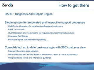 How to get there 
DARE : Diagnosis And Repair Engine 
Single system for automated and interactive support processes 
• Call Center Operators for retail and professional customers 
iSencia Belgium NV 11 
• Field Technicians 
• OLO Operators and Technicians for regulated and commercial products 
• Customer Self Repair 
• Proactive repair, automated line profiling, ... 
Consolidated, up to date business logic with 360°customer view 
• Frequent business logic updates 
• Data collection and remote repair in the network, even in home equipments 
• Integrated data views and interactive guidance 
 