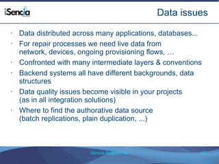 Data issues 
• Data distributed across many applications, databases... 
• For repair processes we need live data from 
network, devices, ongoing provisioning flows, … 
• Confronted with many intermediate layers & conventions 
• Backend systems all have different backgrounds, data 
structures 
• Data quality issues become visible in your projects 
(as in all integration solutions) 
• Where to find the authorative data source 
(batch replications, plain duplication, ...) 
iSencia Belgium NV 40 
 