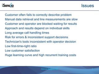Issues 
Customer often fails to correctly describe problem 
Manual data retrieval and line measurements are slow 
Customer and operator are blocked waiting for results 
Approach and results depend on individual skills 
Long average call handling times 
Risk for errors & inconsistent support decisions 
Technician's tools inconsistent with operator decision 
Low first-time-right ratio 
Low customer satisfaction 
Huge learning curve and high recurrent training costs 
iSencia Belgium NV 8 
 