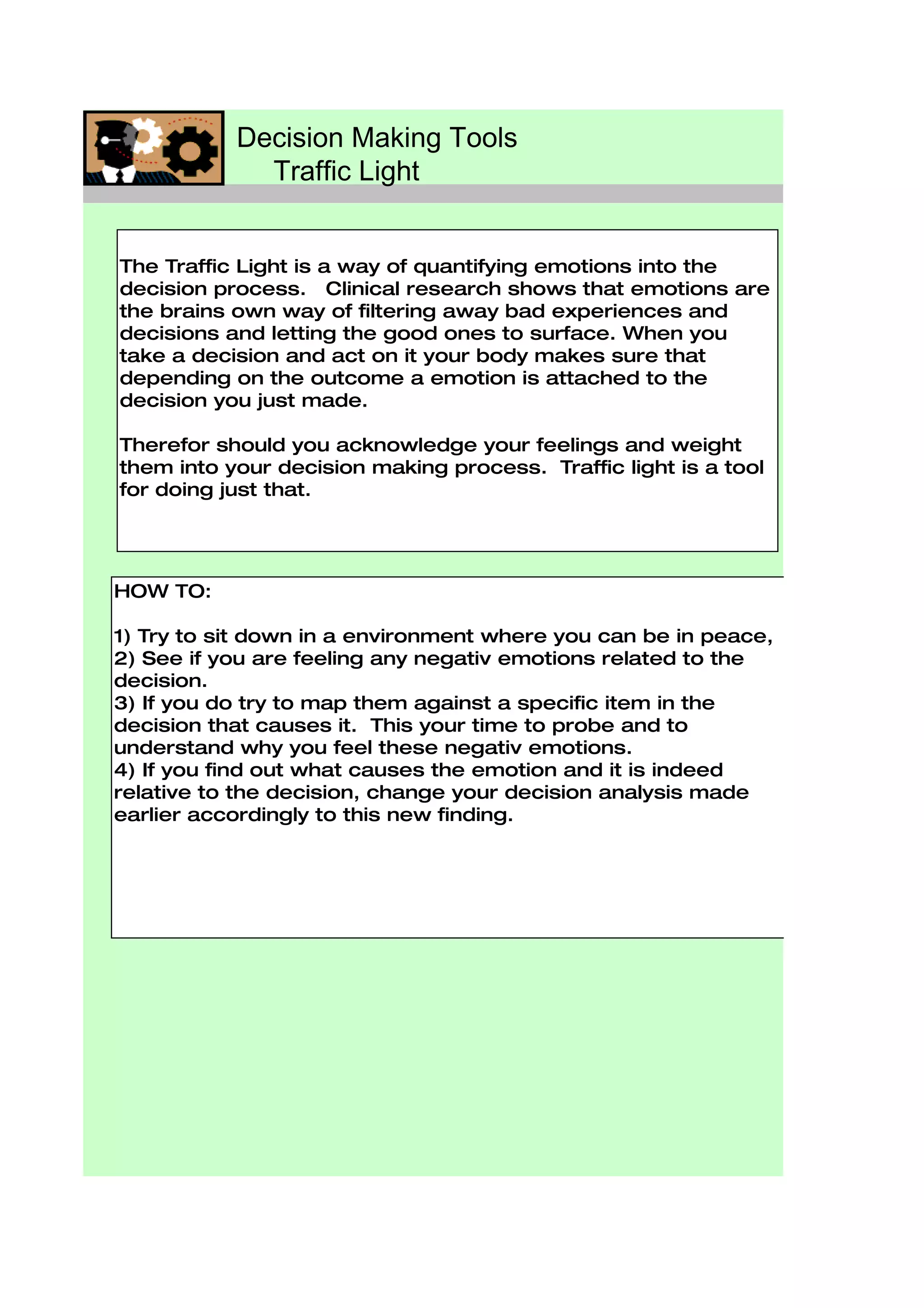 Decision Making Tools
             Traffic Light


The Traffic Light is a way of quantifying emotions into the
decision process. Clinical research shows that emotions are
the brains own way of filtering away bad experiences and
decisions and letting the good ones to surface. When you
take a decision and act on it your body makes sure that
depending on the outcome a emotion is attached to the
decision you just made.

Therefor should you acknowledge your feelings and weight
them into your decision making process. Traffic light is a tool
for doing just that.




HOW TO:

1) Try to sit down in a environment where you can be in peace,
2) See if you are feeling any negativ emotions related to the
decision.
3) If you do try to map them against a specific item in the
decision that causes it. This your time to probe and to
understand why you feel these negativ emotions.
4) If you find out what causes the emotion and it is indeed
relative to the decision, change your decision analysis made
earlier accordingly to this new finding.
 