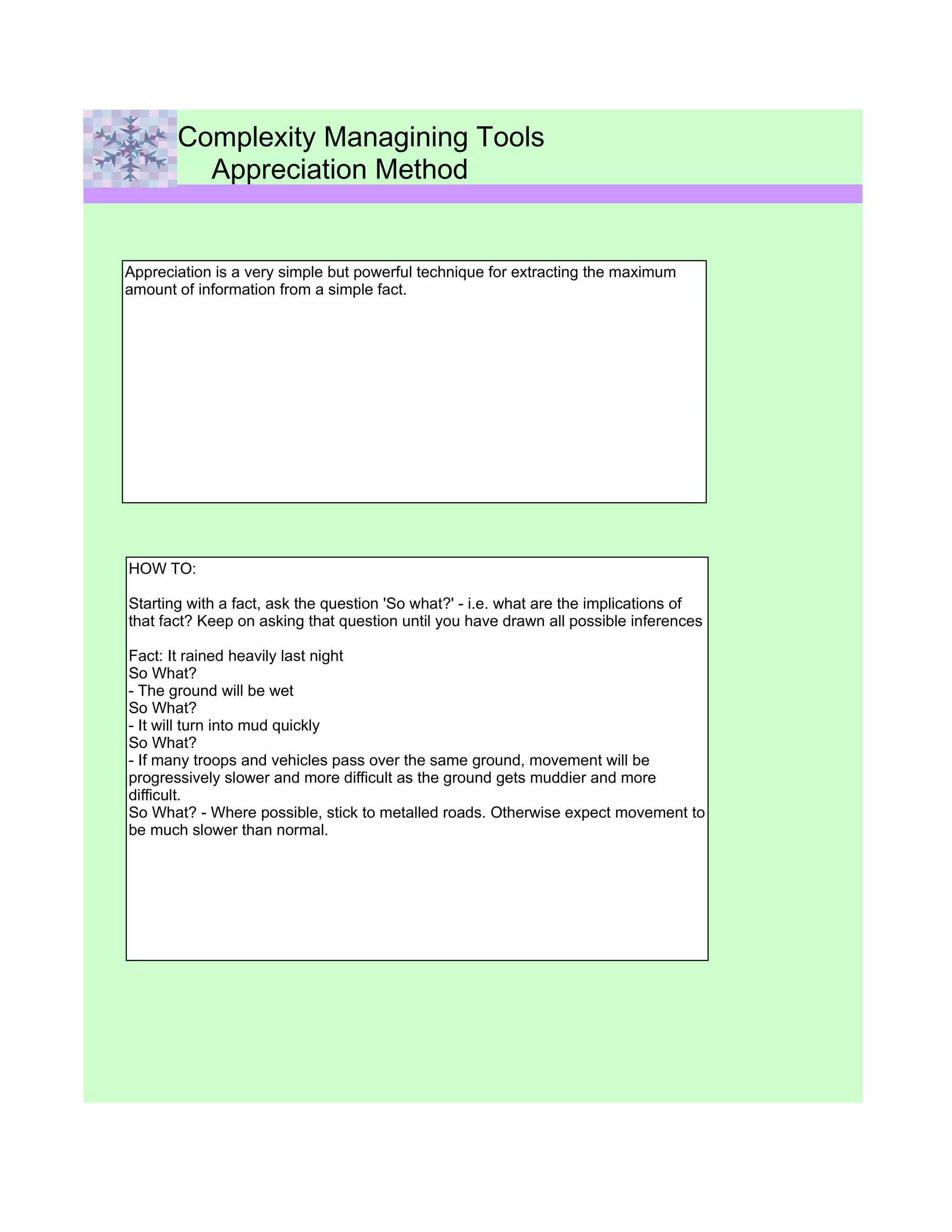 Complexity Managining Tools
         Appreciation Method


Appreciation is a very simple but powerful technique for extracting the maximum
amount of information from a simple fact.




HOW TO:

Starting with a fact, ask the question 'So what?' - i.e. what are the implications of
that fact? Keep on asking that question until you have drawn all possible inferences

Fact: It rained heavily last night
So What?
- The ground will be wet
So What?
- It will turn into mud quickly
So What?
- If many troops and vehicles pass over the same ground, movement will be
progressively slower and more difficult as the ground gets muddier and more
difficult.
So What? - Where possible, stick to metalled roads. Otherwise expect movement to
be much slower than normal.
 