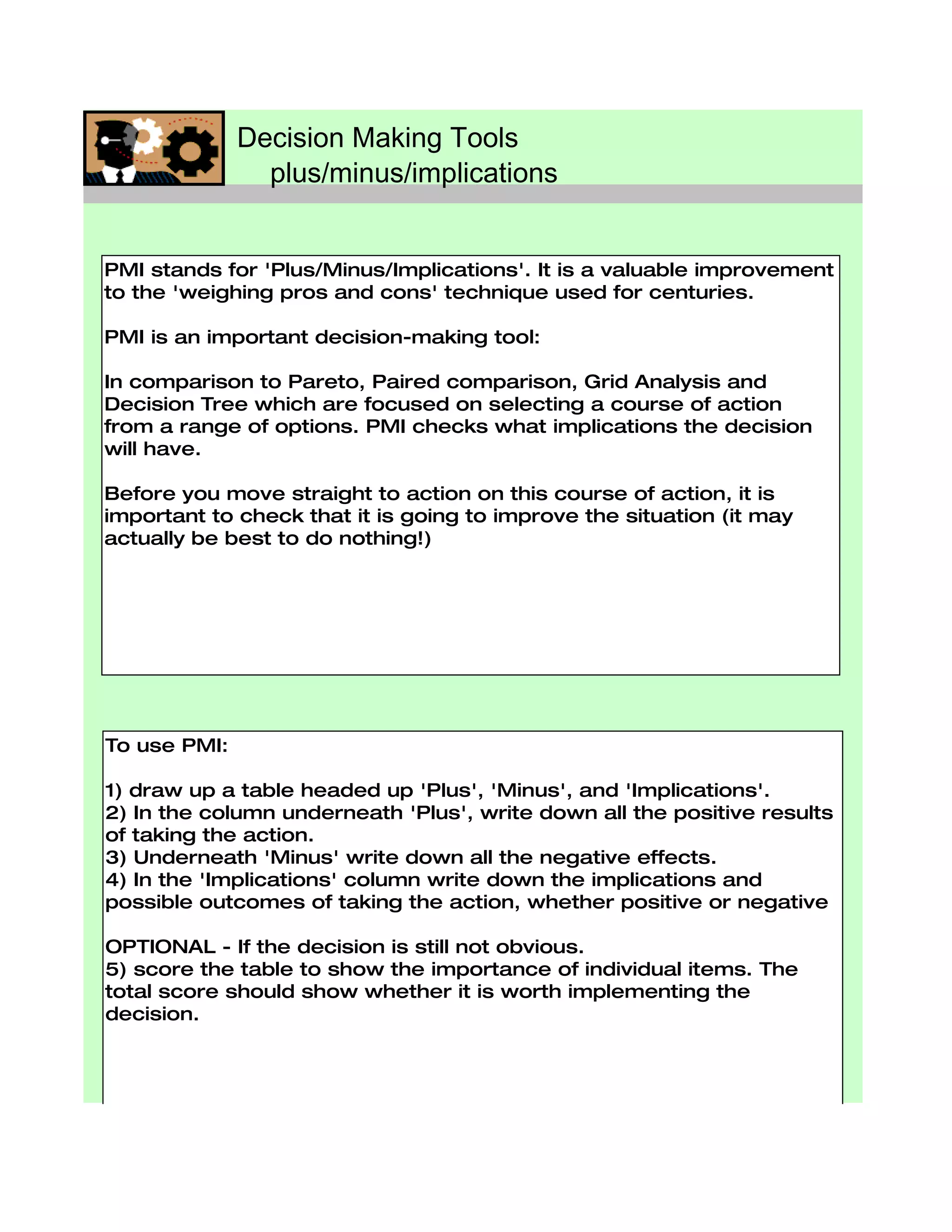 Decision Making Tools
                plus/minus/implications


PMI stands for 'Plus/Minus/Implications'. It is a valuable improvement
to the 'weighing pros and cons' technique used for centuries.

PMI is an important decision-making tool:

In comparison to Pareto, Paired comparison, Grid Analysis and
Decision Tree which are focused on selecting a course of action
from a range of options. PMI checks what implications the decision
will have.

Before you move straight to action on this course of action, it is
important to check that it is going to improve the situation (it may
actually be best to do nothing!)




To use PMI:

1) draw up a table headed up 'Plus', 'Minus', and 'Implications'.
2) In the column underneath 'Plus', write down all the positive results
of taking the action.
3) Underneath 'Minus' write down all the negative effects.
4) In the 'Implications' column write down the implications and
possible outcomes of taking the action, whether positive or negative

OPTIONAL - If the decision is still not obvious.
5) score the table to show the importance of individual items. The
total score should show whether it is worth implementing the
decision.
 