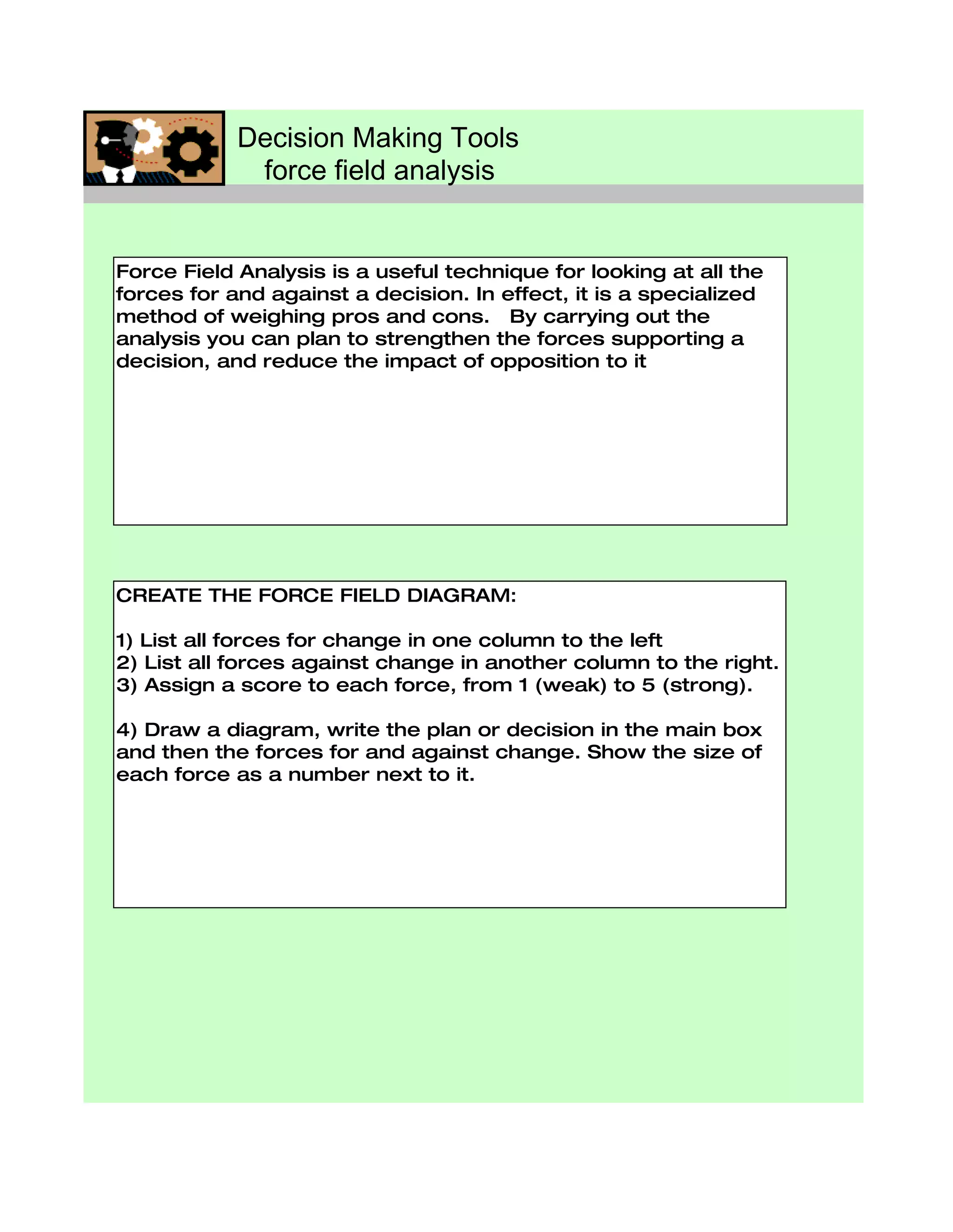 Decision Making Tools
             force field analysis


Force Field Analysis is a useful technique for looking at all the
forces for and against a decision. In effect, it is a specialized
method of weighing pros and cons. By carrying out the
analysis you can plan to strengthen the forces supporting a
decision, and reduce the impact of opposition to it




CREATE THE FORCE FIELD DIAGRAM:

1) List all forces for change in one column to the left
2) List all forces against change in another column to the right.
3) Assign a score to each force, from 1 (weak) to 5 (strong).

4) Draw a diagram, write the plan or decision in the main box
and then the forces for and against change. Show the size of
each force as a number next to it.
 