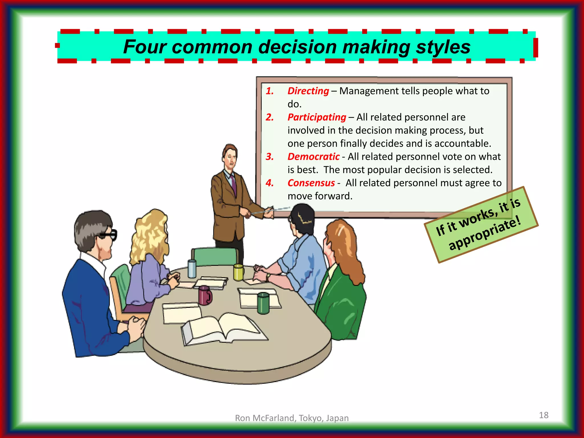 Four common decision making styles
18
1. Directing – Management tells people what to
do.
2. Participating – All related personnel are
involved in the decision making process, but
one person finally decides and is accountable.
3. Democratic - All related personnel vote on what
is best. The most popular decision is selected.
4. Consensus - All related personnel must agree to
move forward.
Ron McFarland, Tokyo, Japan
 