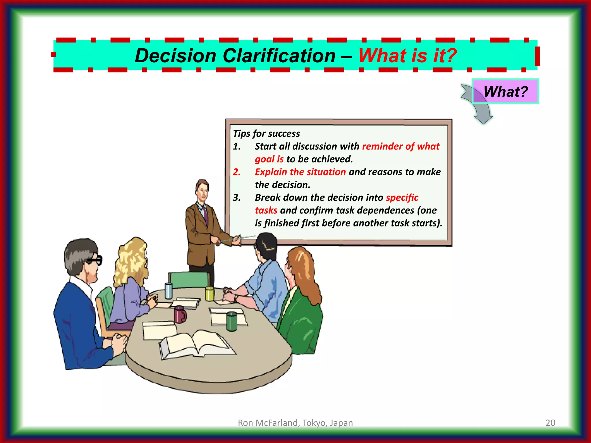 20
Decision Clarification – What is it?
What?
Tips for success
1. Start all discussion with reminder of what
goal is to be achieved.
2. Explain the situation and reasons to make
the decision.
3. Break down the decision into specific
tasks and confirm task dependences (one
is finished first before another task starts).
Ron McFarland, Tokyo, Japan
 