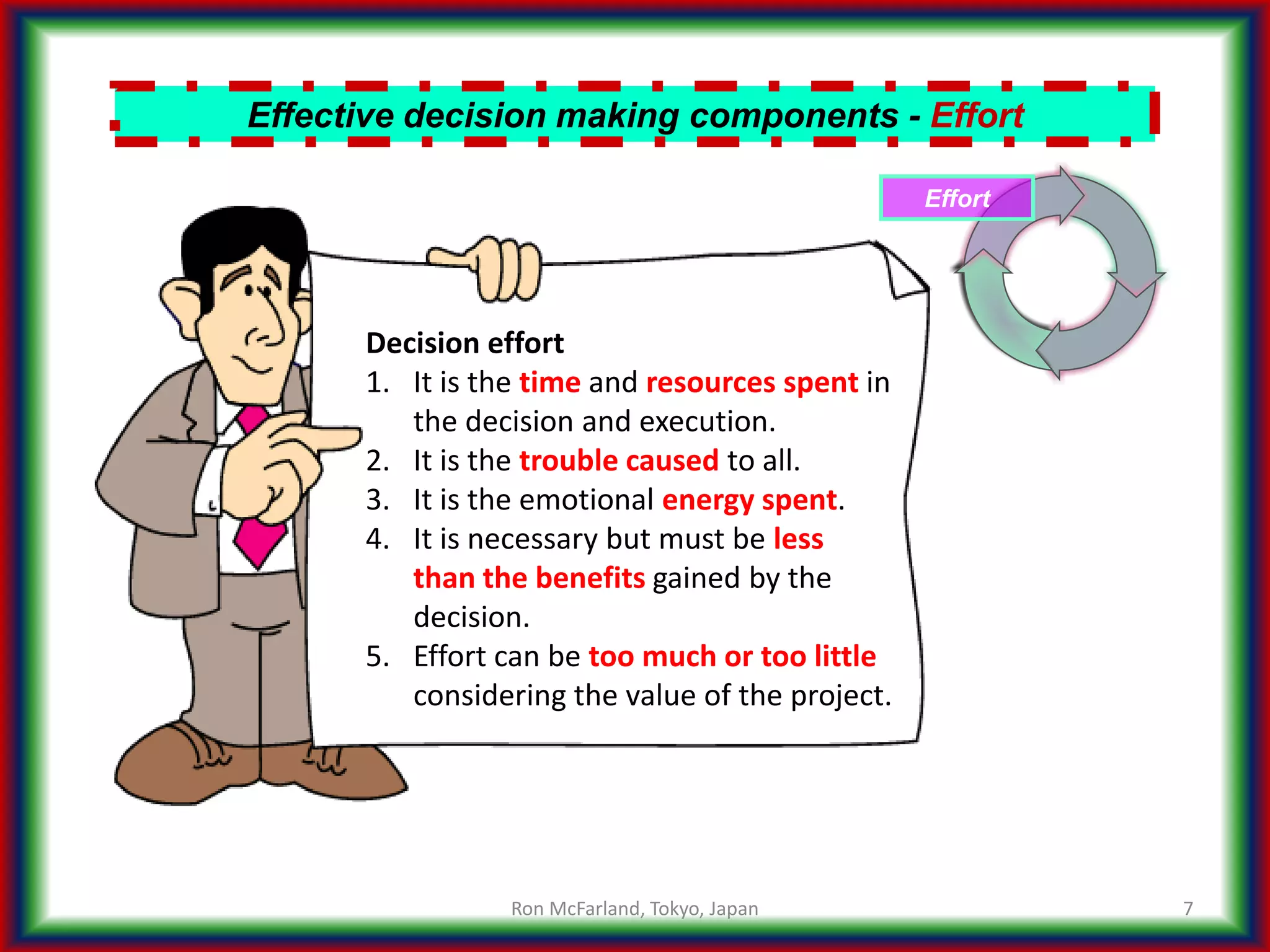 7
Effective decision making components - Effort
Effort
Decision effort
1. It is the time and resources spent in
the decision and execution.
2. It is the trouble caused to all.
3. It is the emotional energy spent.
4. It is necessary but must be less
than the benefits gained by the
decision.
5. Effort can be too much or too little
considering the value of the project.
Ron McFarland, Tokyo, Japan
 