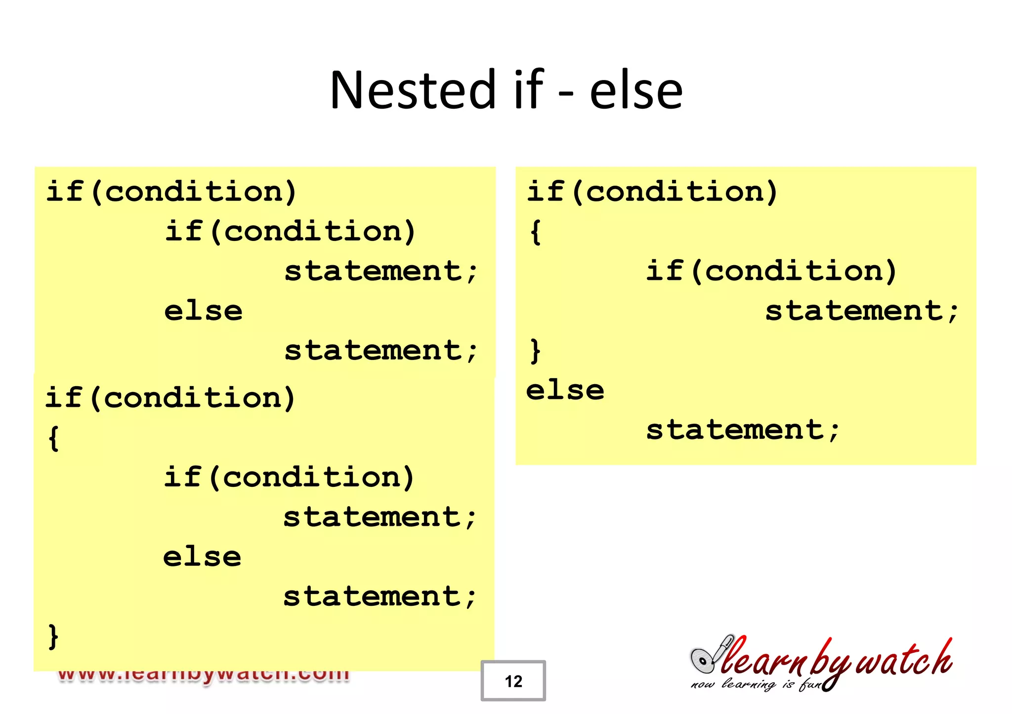 Nested if - else
if(condition)                 if(condition)
      if(condition)           {
            statement;              if(condition)
      else                                statement;
            statement;        }
if(condition)                 else
{                                   statement;
      if(condition)
            statement;
      else
            statement;
}
                         12
 