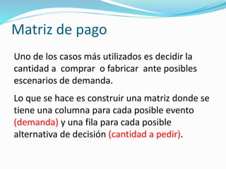 Matriz de pago
Uno de los casos más utilizados es decidir la
cantidad a comprar o fabricar ante posibles
escenarios de demanda.
Lo que se hace es construir una matriz donde se
tiene una columna para cada posible evento
(demanda) y una fila para cada posible
alternativa de decisión (cantidad a pedir).
 