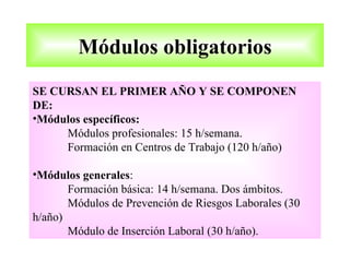 Módulos obligatorios
SE CURSAN EL PRIMER AÑO Y SE COMPONEN
DE:
•Módulos específicos:
     Módulos profesionales: 15 h/semana.
     Formación en Centros de Trabajo (120 h/año)

•Módulos generales:
       Formación básica: 14 h/semana. Dos ámbitos.
       Módulos de Prevención de Riesgos Laborales (30
h/año)
       Módulo de Inserción Laboral (30 h/año).
 