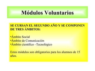 Módulos Voluntarios

SE CURSAN EL SEGUNDO AÑO Y SE COMPONEN
DE TRES ÁMBITOS:

•Ámbito Social
•Ámbito de Comunicación
•Ámbito científico –Tecnológico

Estos módulos son obligatorios para los alumnos de 15
años.
 