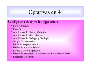 Optativas en 4º
Se elige una de entre las siguientes:
  * Cultura Clásica
  * Francés
  * Ampliación de Física y Química
  * Ampliación de Matemáticas
  * Ampliación de Biología y Geología
  * Geografía Económica
  * Iniciativa emprendedora
  * Iniciación a la vida laboral
  * Diseño y Dibujo Aplicado
  * Iniciación profesional a la electricidad y la electrotecnia
  * Literatura Universal
 