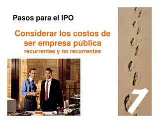 Pasos para el IPO

Considerar los costos de
  ser empresa pública
   recurrentes y no recurrentes




                                  40
 