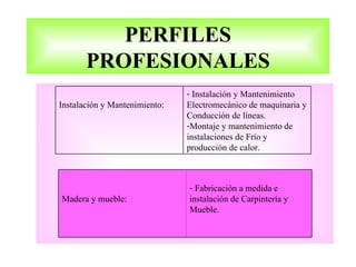 PERFILES
       PROFESIONALES
                               - Instalación y Mantenimiento
Instalación y Mantenimiento:   Electromecánico de maquinaria y
                               Conducción de líneas.
                               -Montaje y mantenimiento de
                               instalaciones de Frío y
                               producción de calor.



                               - Fabricación a medida e
Madera y mueble:               instalación de Carpintería y
                               Mueble.
 