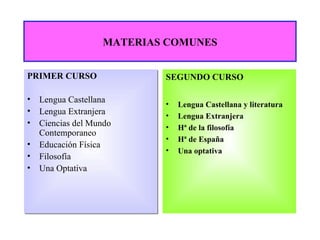 MATERIAS COMUNES


PRIMER CURSO               SEGUNDO CURSO

•   Lengua Castellana      •   Lengua Castellana y literatura
•   Lengua Extranjera      •   Lengua Extranjera
•   Ciencias del Mundo     •   Hª de la filosofía
    Contemporaneo
                           •   Hª de España
•   Educación Física
                           •   Una optativa
•   Filosofía
•   Una Optativa
 